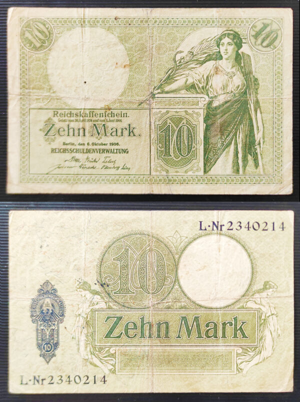 Germany 10 Mark Vintage Issue 1906 World Bank Currency Note NCHu635